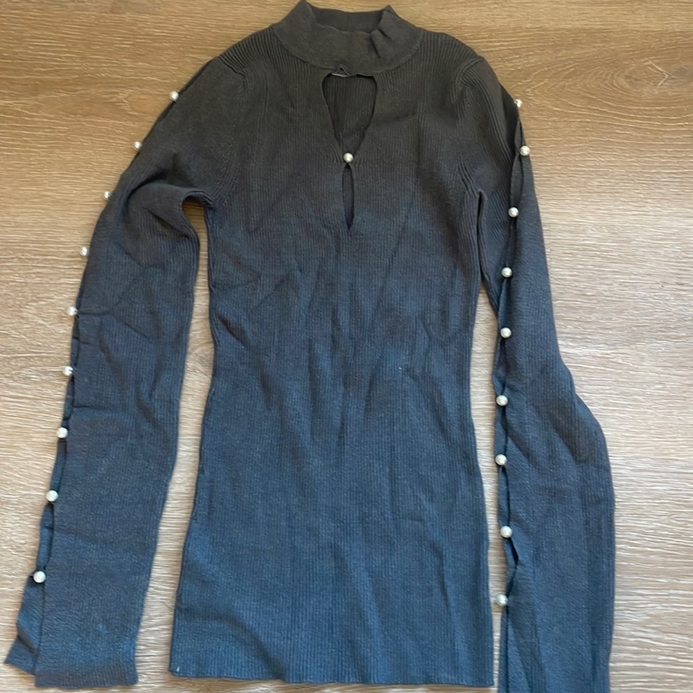 Grey sweater with pearls down side of arms